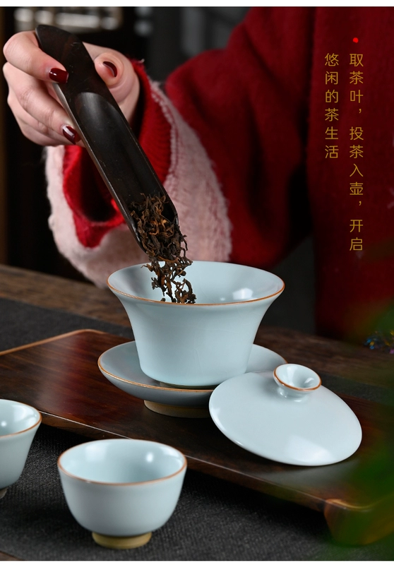 Bộ ấm trà Ru Kiln Kung Fu thủ công cao cấp dành cho gia đình Bộ hoàn chỉnh màu xanh da trời có thể mở được Ru sứ ấm trà nắp bát hộp quà tặng ấm tích pha trà bộ ấm trà in logo
