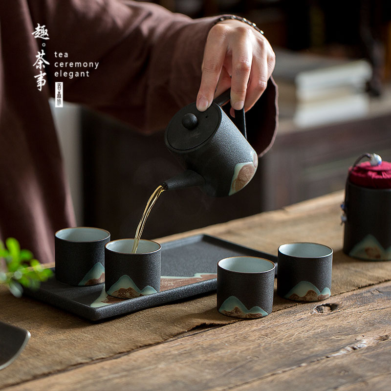 Japanese kung fu tea set coarse pottery dry landscape travel home a pot of four cups of ceramic teapot teacup gift boxes