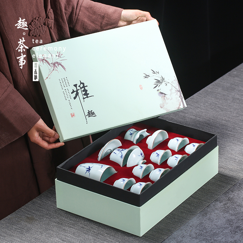 Dehua white porcelain kung fu tea set contracted household green ceramic lid bowl cups of a complete set of blue and white porcelain