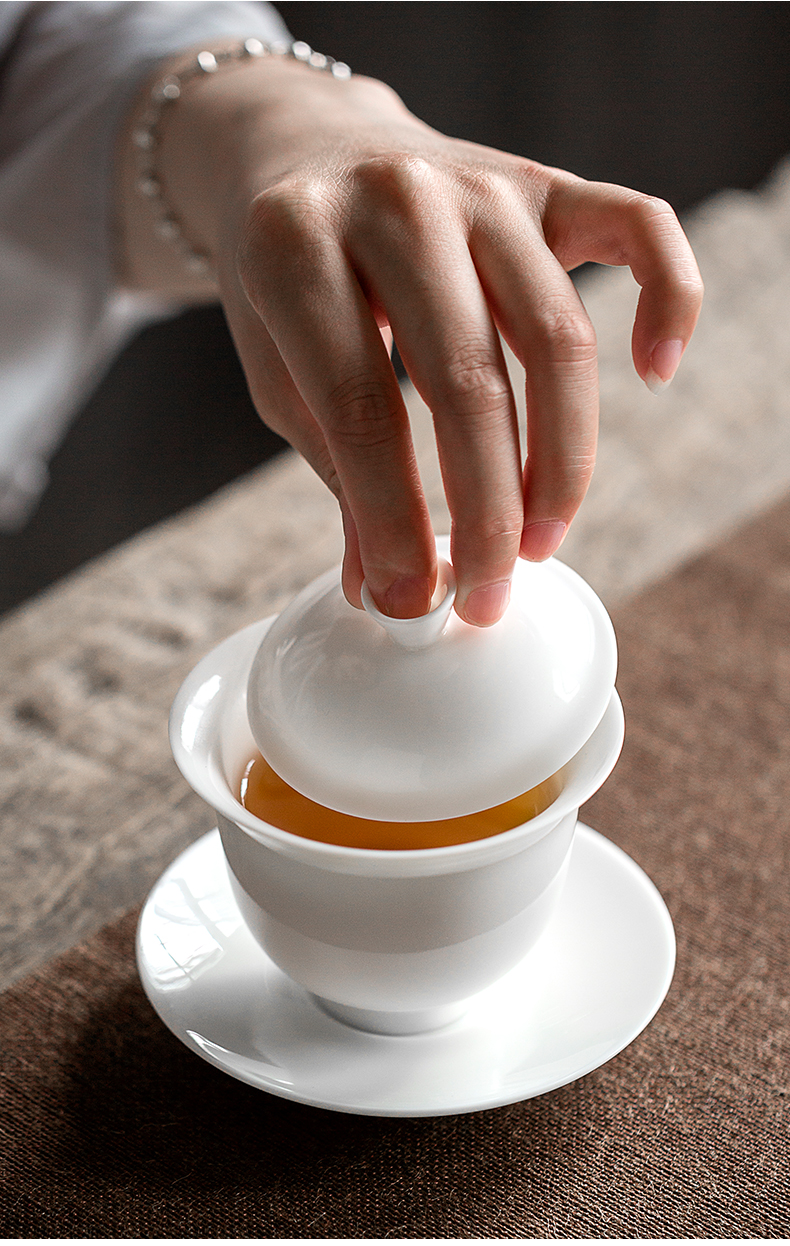 Babson d dehua white porcelain tureen suet jade ceramic cups footed three bowls of kung fu tea home