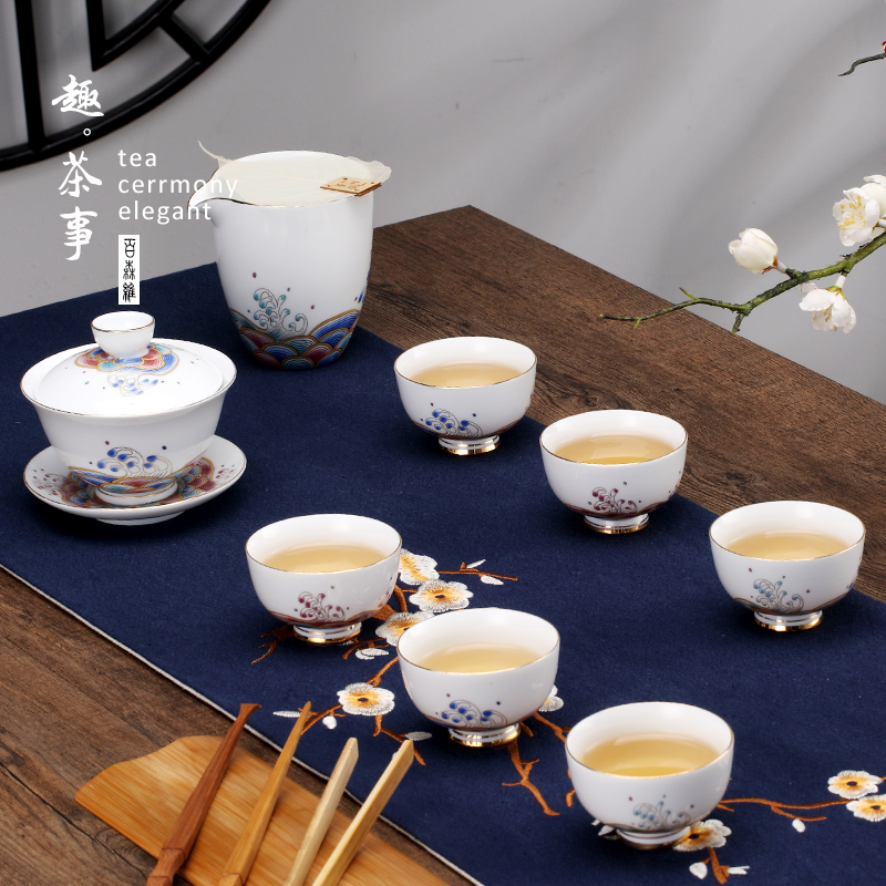 Jingdezhen porcelain kung fu tea set contracted household tureen of a complete set of tea cups of blue and white porcelain teapot high - end gift box