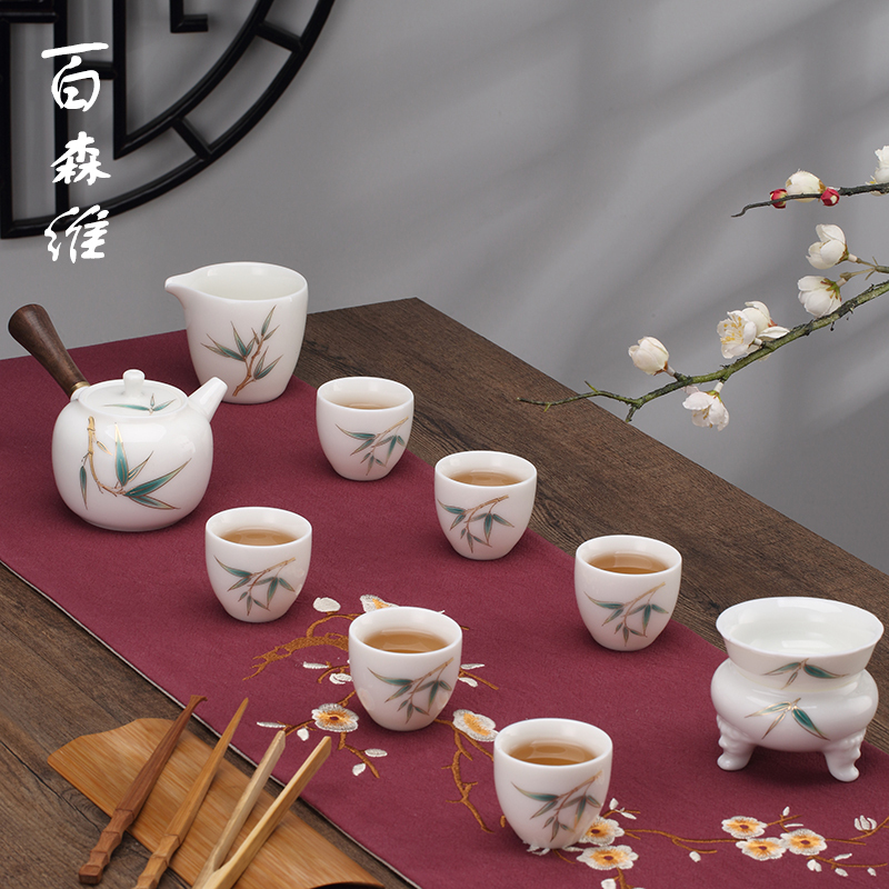 Dehua white porcelain paint suet jade bamboo tureen tea sets ceramic contracted side put the pot of kung fu tea gift box