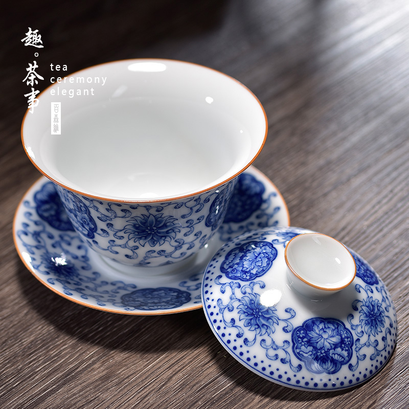 Jingdezhen porcelain bound branch lotus tureen single retro three cups to bowl of kung fu tea bowl of ceramic tea set home