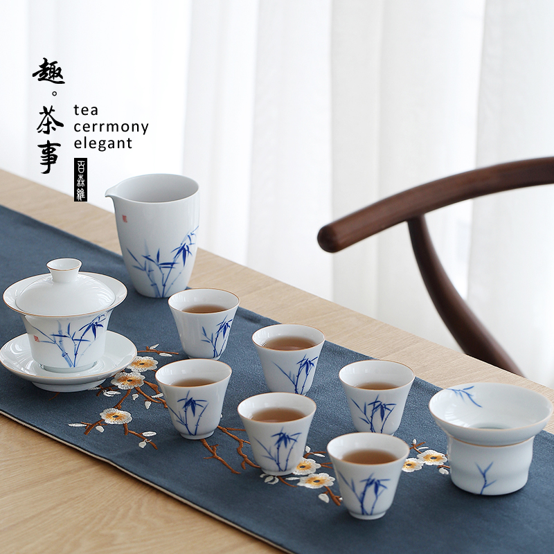 Babson d dehua hand - made white porcelain tureen kung fu tea set suit household ceramic cups in the box of a complete set of the teapot
