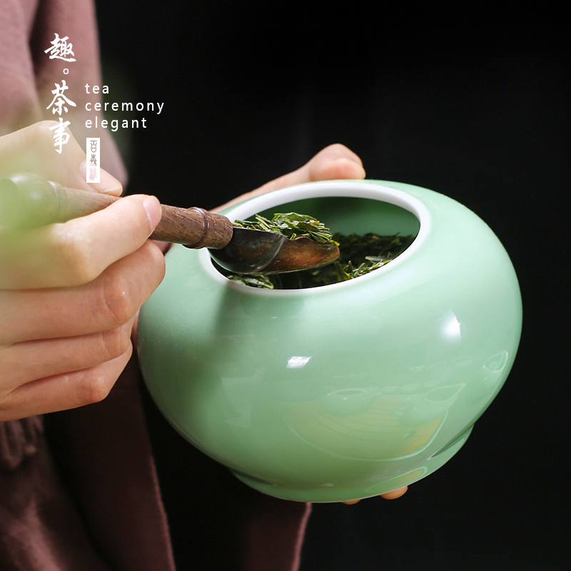 Longquan celadon caddy fixings ceramic large half jins to seal pot small tea pot of green tea moisture storage POTS