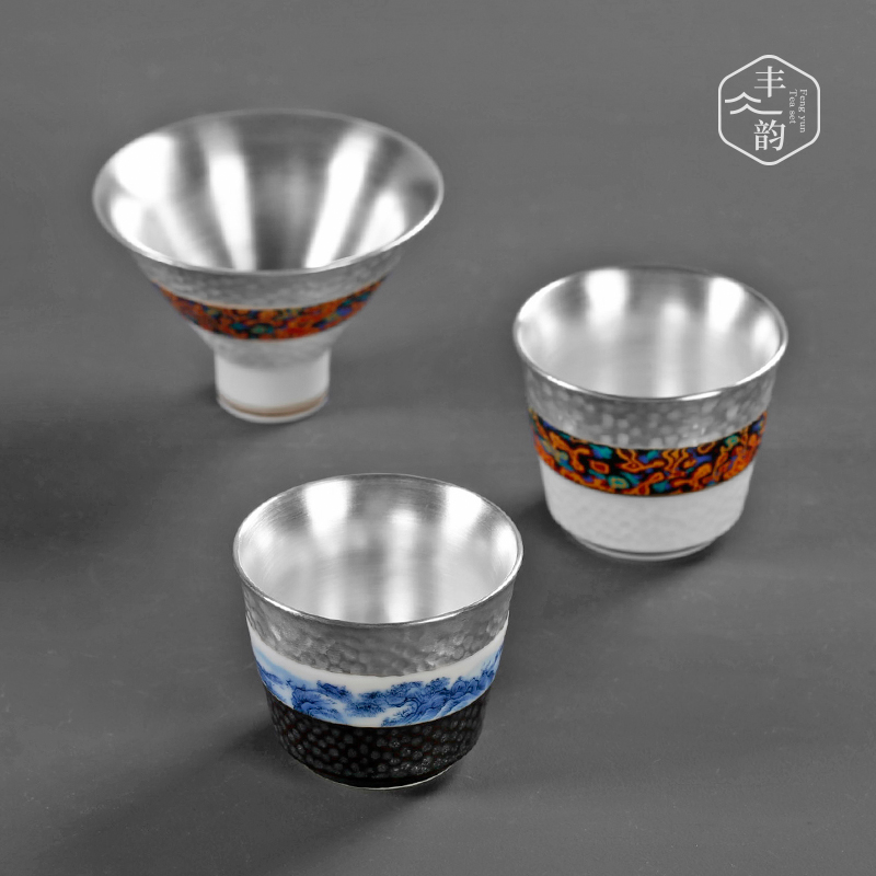 Tasted silver gilding ceramic kung fu tea cups, small single glass tank silver sample tea cup men 's and women' s manual master cup of tea