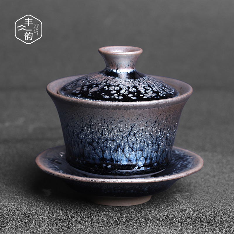 Manual jianyang ceramic tureen built lamp that only three cups small tire oil tea red glaze, kung fu tea set iron bowl