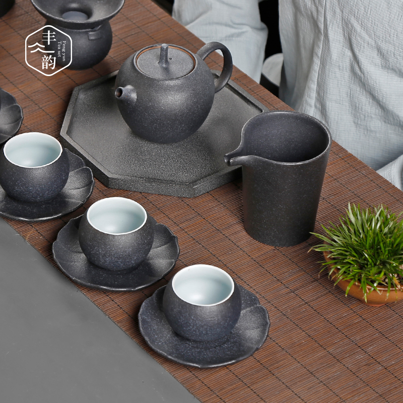 Coarse pottery kung fu tea cup home market metrix of ceramic tea set small single cup with cup mat sample tea cup set of tea cups