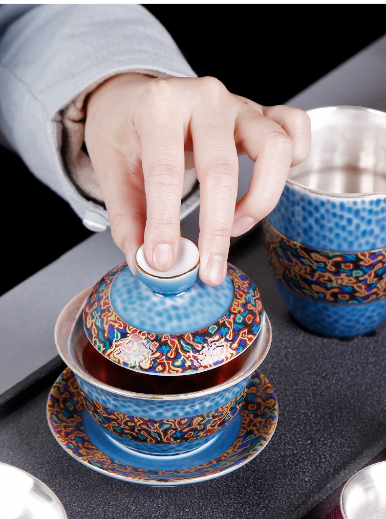 Tasted silver tea set three to tureen silver gilding ceramic cups large blue and white household manual single kung fu tea cups