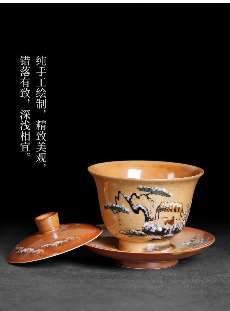 Hand - made tureen pure manual jingdezhen up three bowl large ceramic tea set tea cup single restoring ancient ways