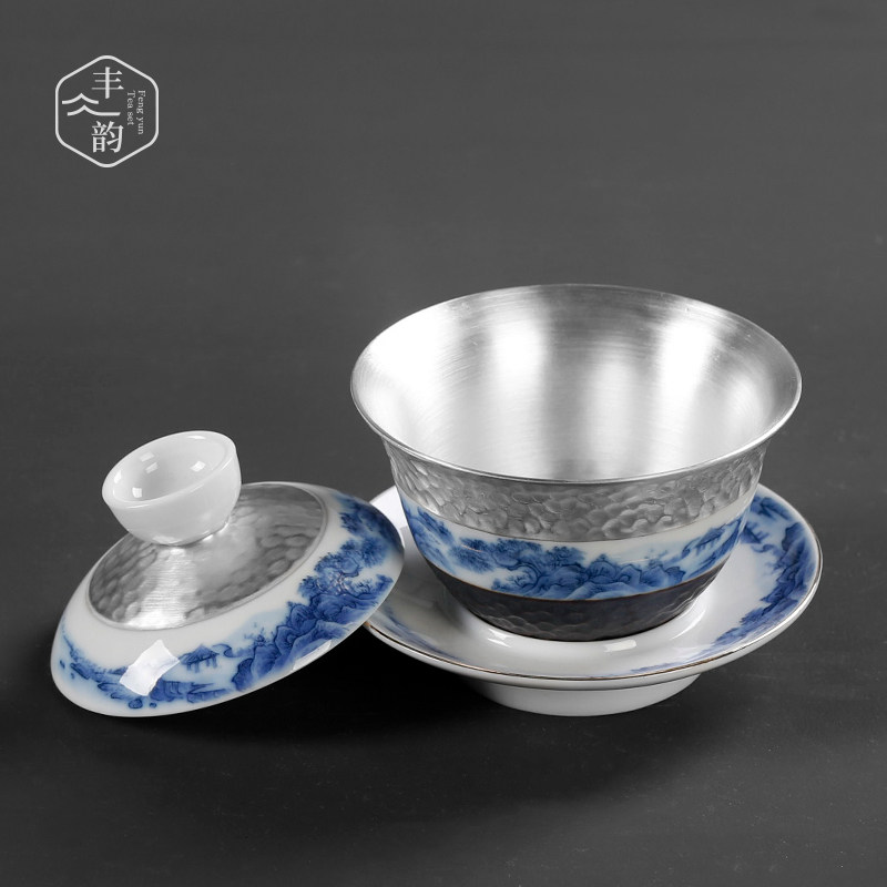 Vintage Gilt silver Gaiwan liner Sterling silver ceramic handmade Kung fu three-cai Gaiwan Teacup Tea cup Large single tea set