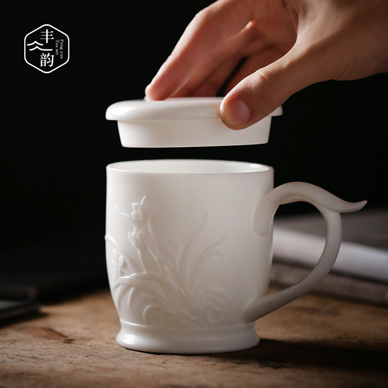 Dehua white porcelain suet jade cup single cup with cover and biscuit firing high - grade office checking ceramic tea cup