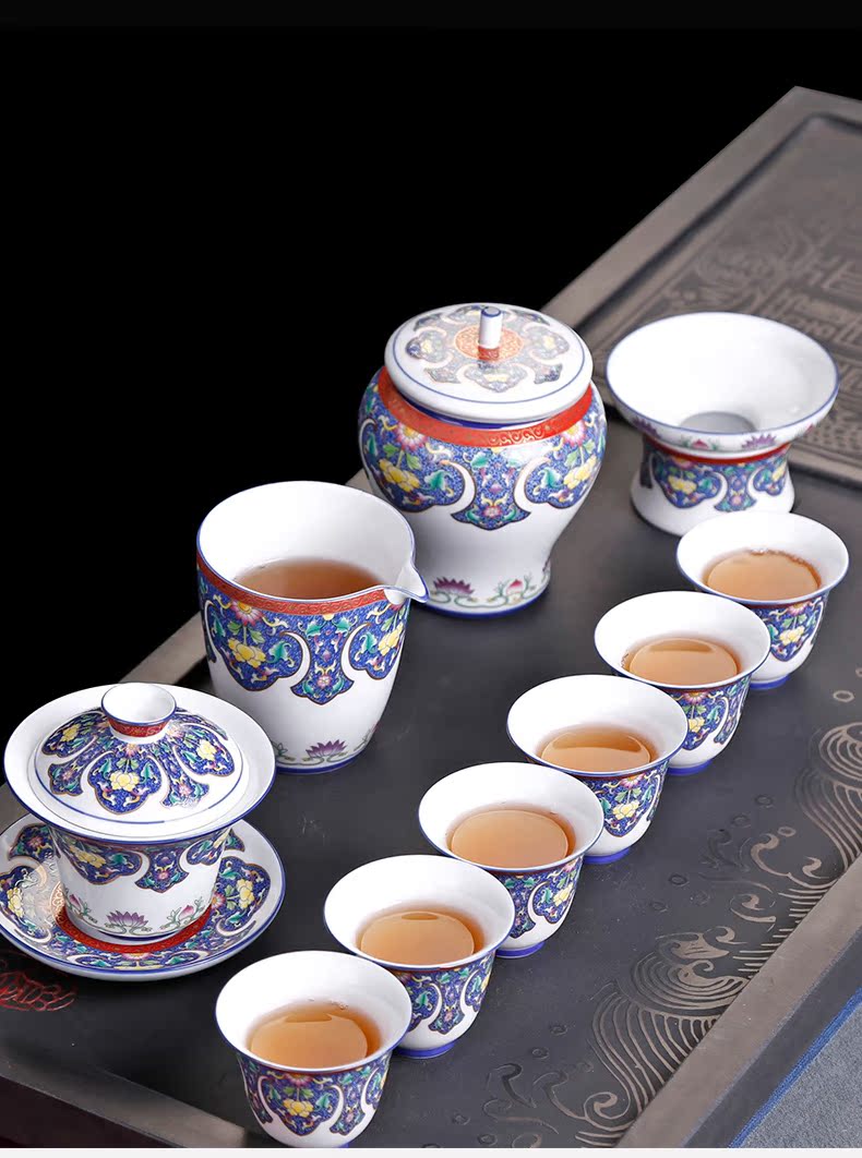 Archaize colored enamel three tureen large single kung fu tea cup only blue and white porcelain tea set gift box set the teapot