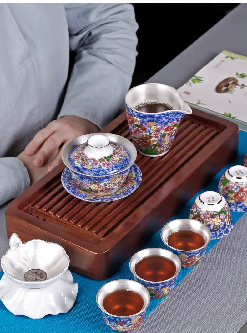 Jingdezhen ceramic three blue and white manual coppering. As silver tureen tea cups to make tea bowl household kung fu tea set with zero