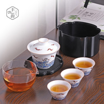 White porcelain cover bowl fast guest Cup one pot three cups travel kung fu tea set carrying bag type portable outdoor tea bowl