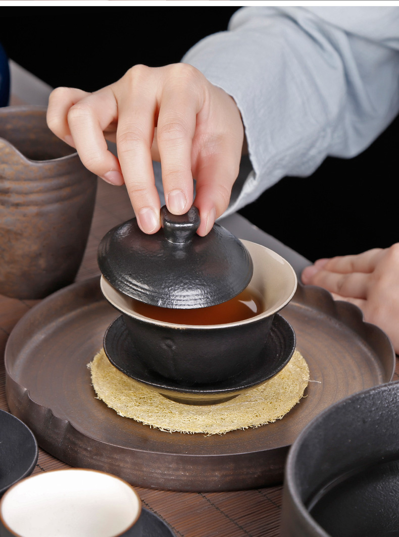 Coarse pottery tureen tea set large single cover ceramic tea only three cups of ancient tea cups to restore ancient ways household kung fu small bowl