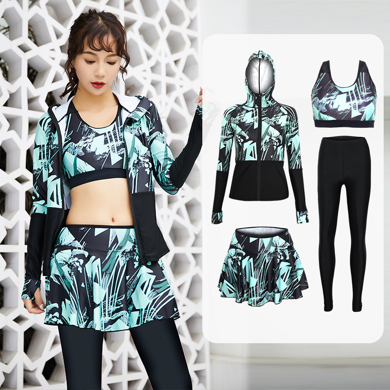 Long-sleeved swimsuit Women hooded sunscreen two-piece skirt thin pants Four-piece quick-drying male couple jellyfish swimsuit