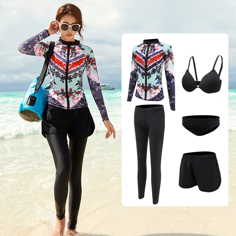 Long sleeve swimsuit woman two-piece style five pieces of steel entrusted with long pants Slim Sun Speed Dry Spa Swimsuit Diving Mother Coat