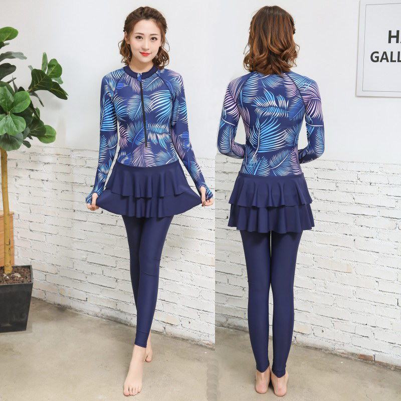 Long sleeve swimsuit couple outfit split trousers sunblock quick-drying female skirt style skinny men three piece snorkeling suit jellyfish suit