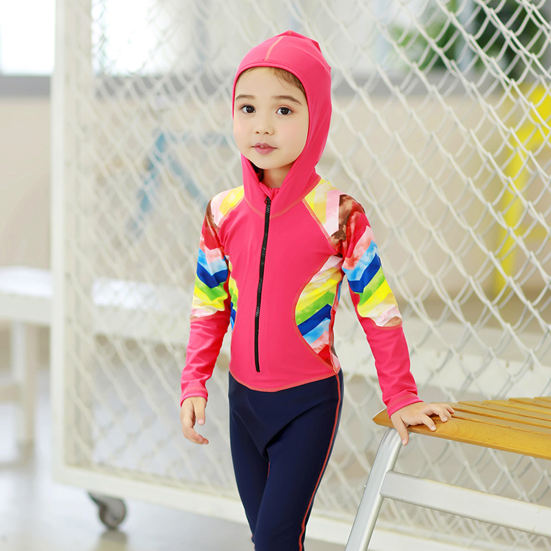 Children's swimsuit Girls Medium and large children's jumpsuit Long sleeve trousers Sunscreen quick-drying hooded girls ' hot spring swimsuit Jellyfish suit