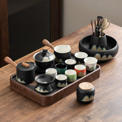 Yuanshan Black Pottery Kung Fu Tea Set Home Living Room Ceramic Accessible Luxury Modern Simple Teapot Cover Bowl Tea Cup Complete Set