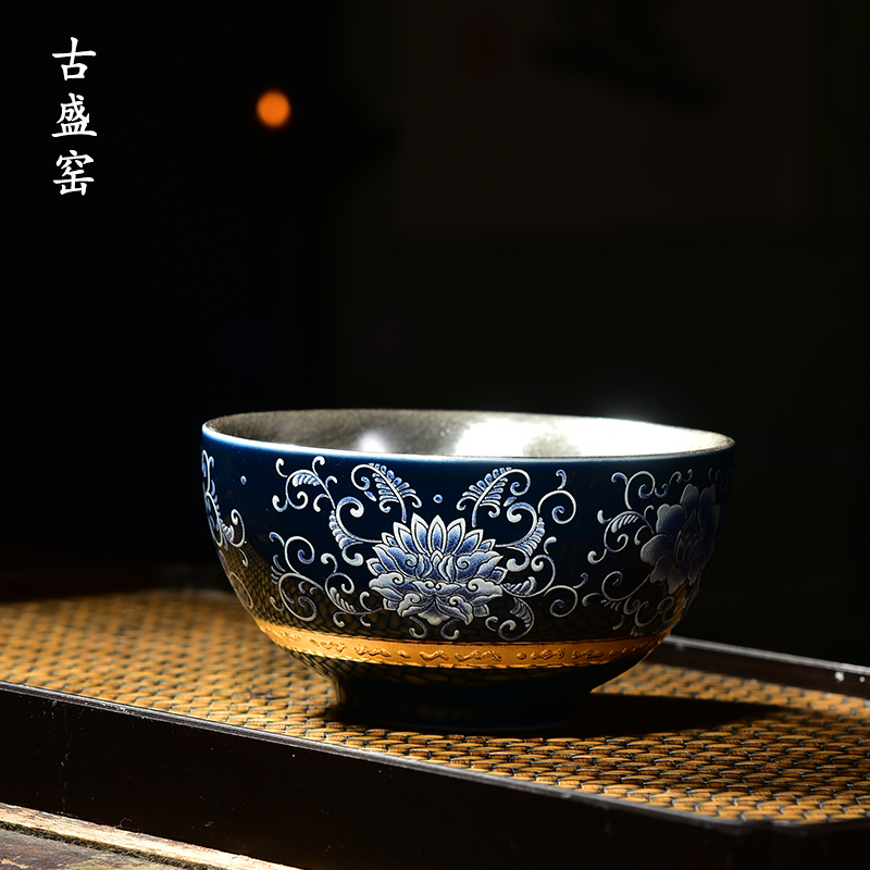 Ancient sheng blue and white porcelain up new tasted silver gilding craft individual cup built lamp that kung fu tea set sample tea cup a cup of pure light