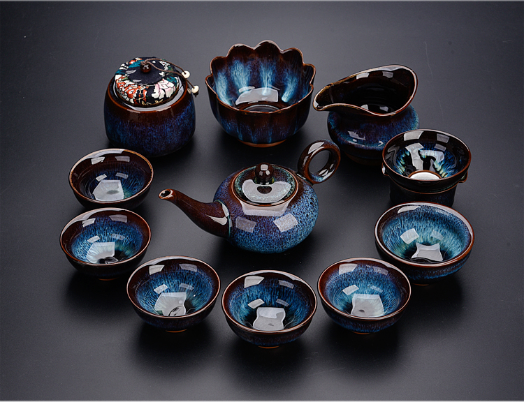 Ancient jun sheng jin jun porcelain up household suit tea cups furnace manual variable set of tea set masterpieces