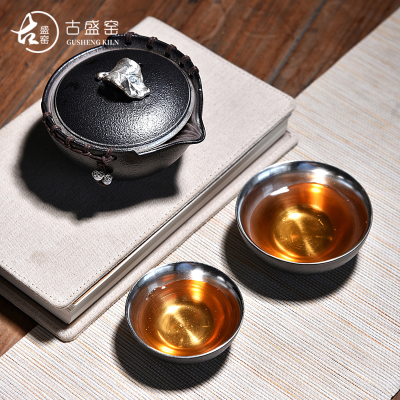 Ancient sheng up 2 new ceramic tasted silver gilding crack cup a pot of 2 cup coarse pottery leaves catch a pot of travel hand in hand