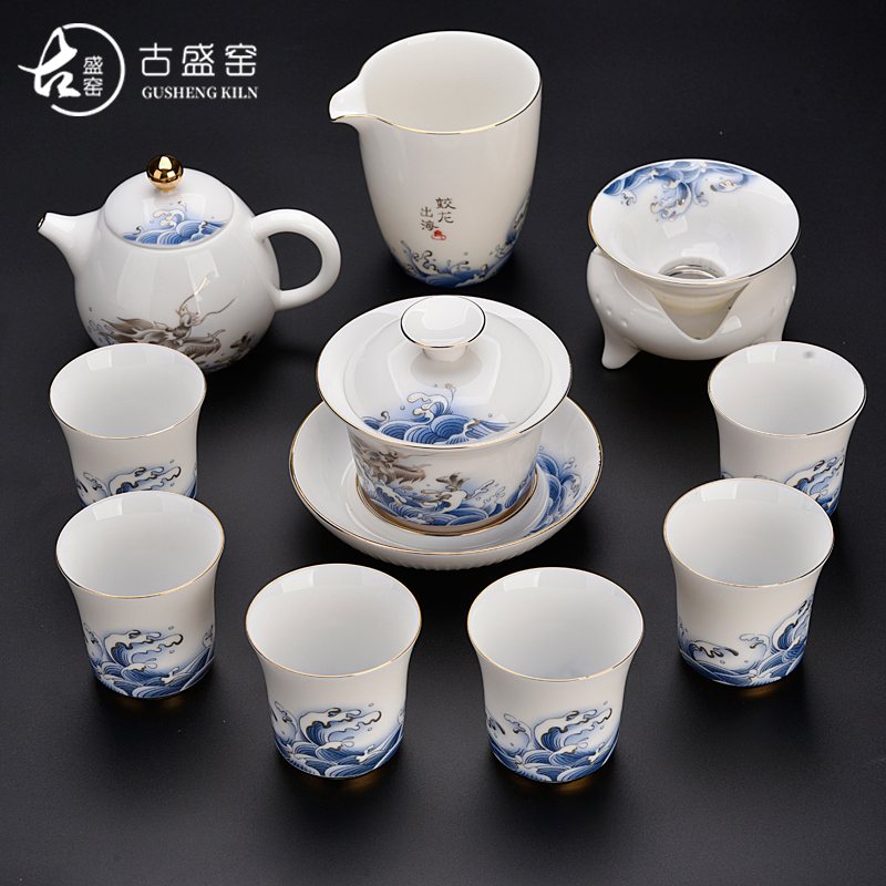 Old blue and white dragon sheng up household see colour porcelain kit kung fu tea set out to sea group make tea tureen tea pot