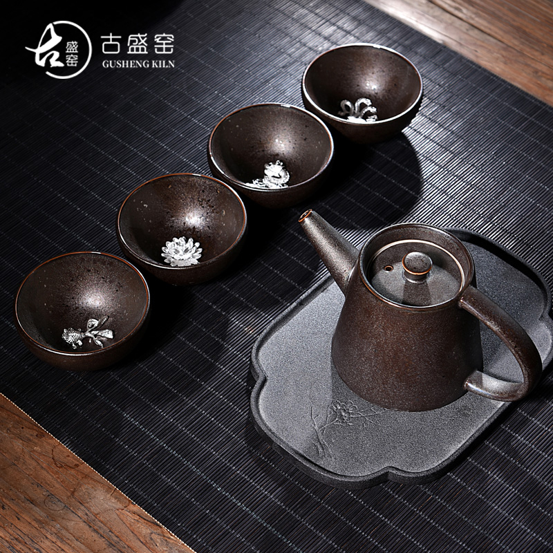 A pot of ancient sheng up new squama temmoku ceramics four cups of inlay silver variable work travel tea set