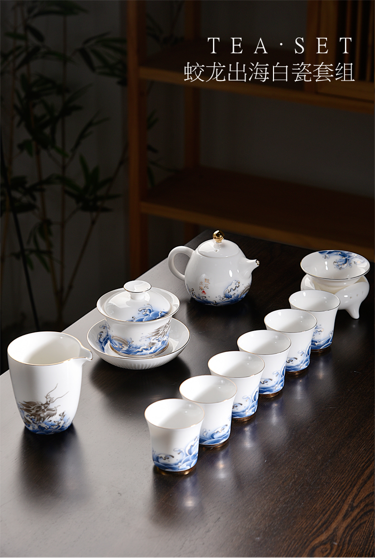 Old blue and white dragon sheng up household see colour porcelain kit kung fu tea set out to sea group make tea tureen tea pot