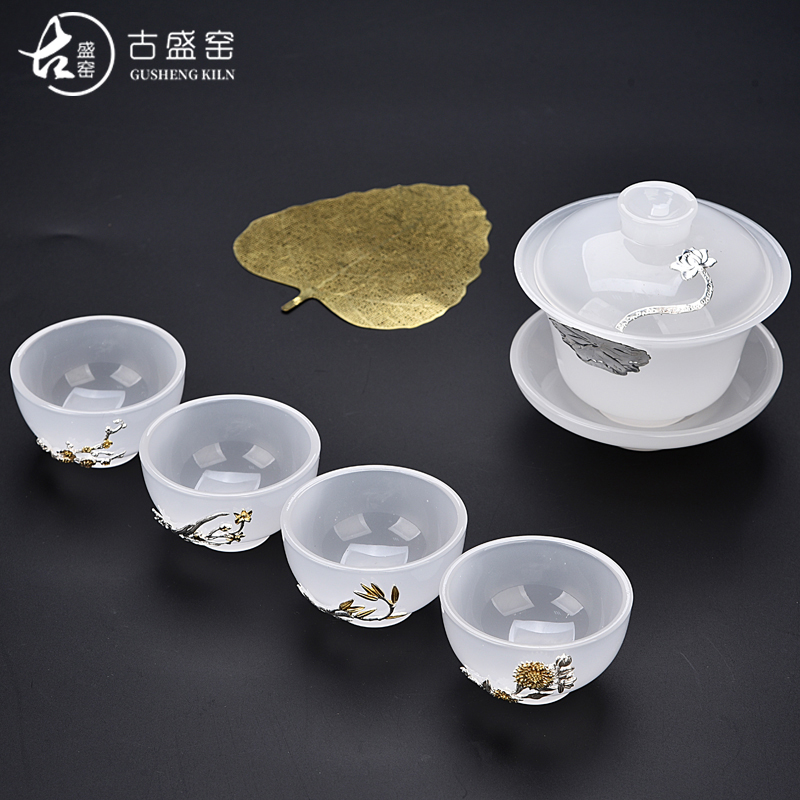 Ancient sheng up with a pot of three to four cups of jade porcelain kung fu bowl whitebait Mosaic jade porcelain white porcelain by patterns tea set