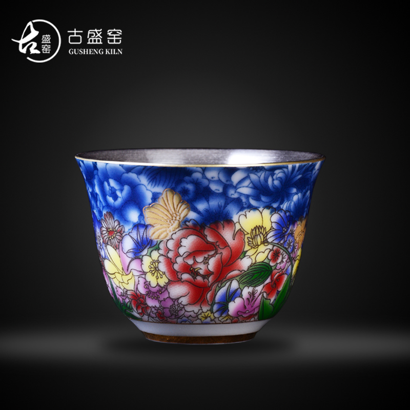 Ancient sheng up new hand - made ginkgo coppering. As the master sample tea cup pure manual colored enamel of blue and white porcelain tea cups, trumpet