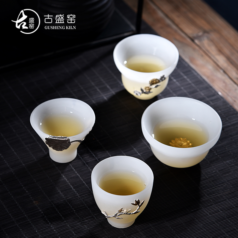 Ancient sheng up new gourd white porcelain Mosaic jade inlaid with silver coloured glaze ceramic whitebait cup sample tea cup master CPU