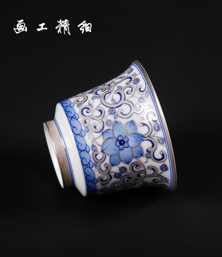 The ancient silver cup pure manual coppering. As sheng up 999 sterling silver master cup with silver blue cup of jingdezhen ceramic cup