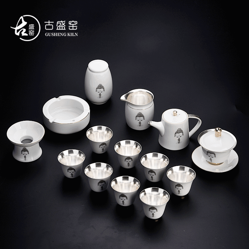 The ancient new large set of 6 people fine silver kung fu sheng up of a complete set of SAN fermin silver suit household porcelain coppering. As silver tureen teapots