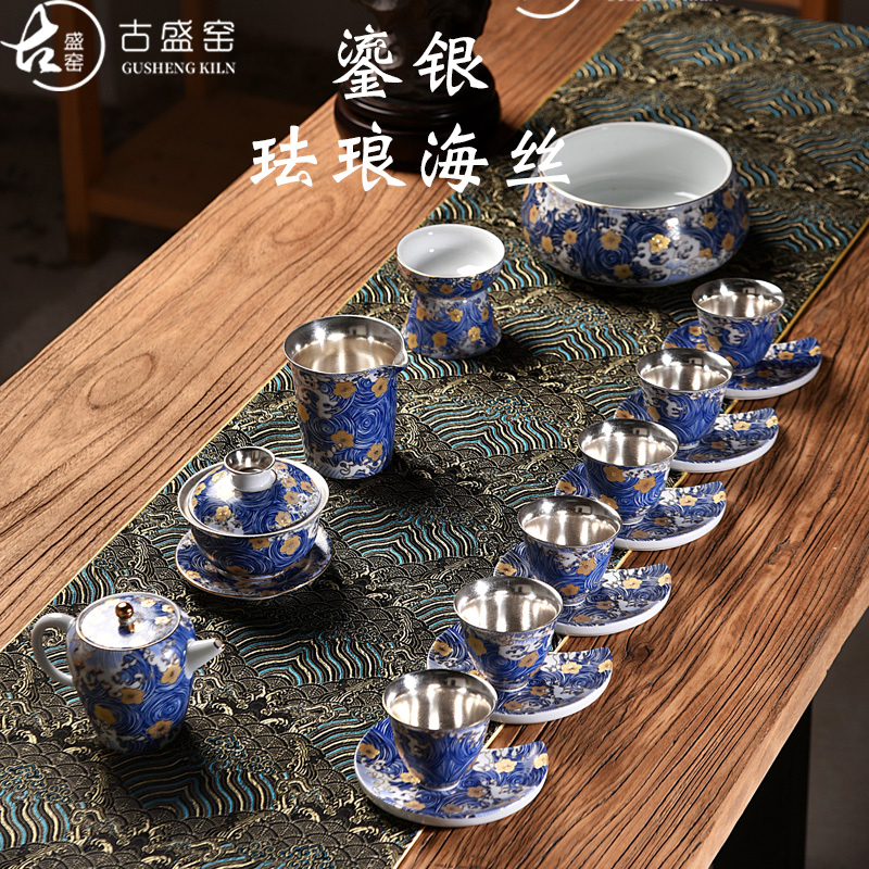 Ancient sheng up 999 sterling silver, kung fu tea set colored enamel porcelain of a complete set of 6 people tasted silver gilding the teapot teacup gifts