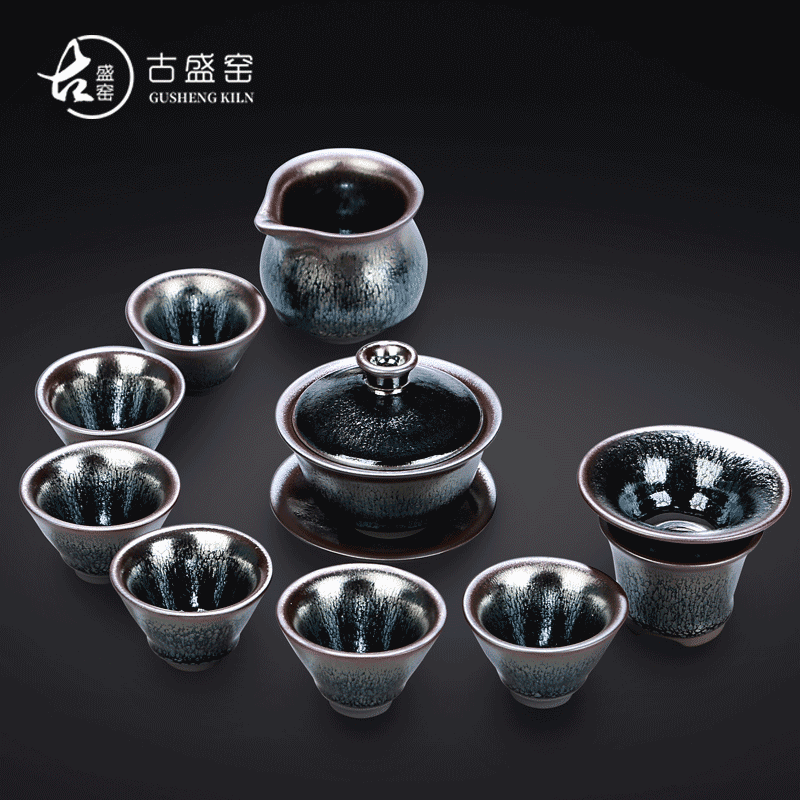 Ancient six new kung fu sheng up built 12 suit light oil droplets TuHao obsidian ceramic cup a gift set tea service