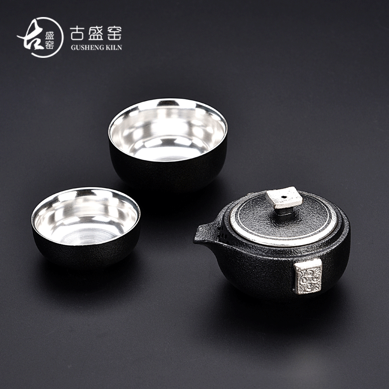 Ancient sheng up 2 new xiangyun pure silver mine loader ceramic crack cup a pot of two cup travel kit home portable package