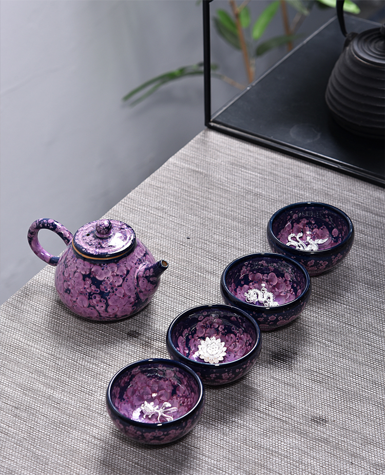 Ancient silver minnows dragon sheng up with a pot of four cups of ceramic irises temmoku droplets built lamp sample tea cup masters cup