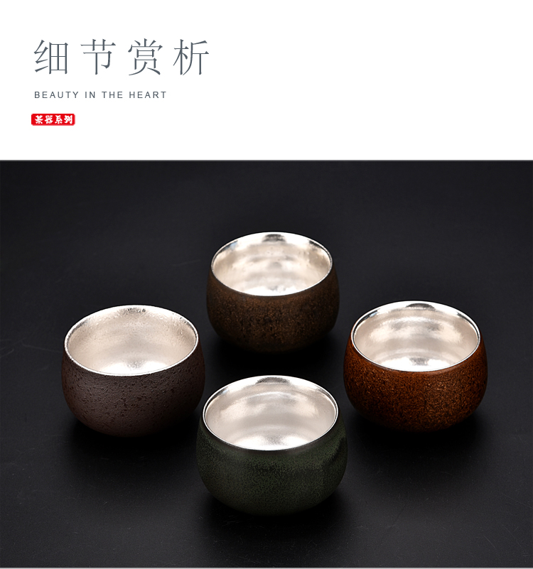 Ancient sheng up manually coppering. As silver 999 sterling silver master cup single cup sample tea cup of jingdezhen ceramic silver cup silver cup