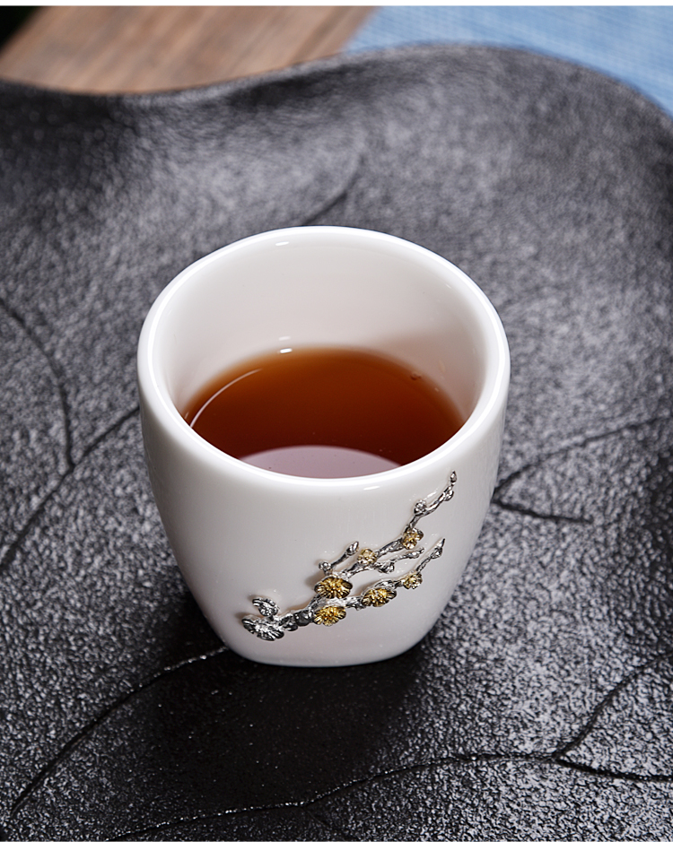 The ancient sheng up new lotus white porcelain ceramic whitebait cup silver inlaid with silver tea sample tea cup, master cup single cup bowl