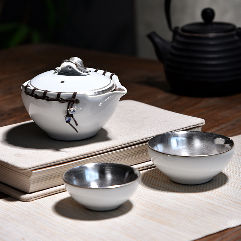 Ancient sheng up 2 new ceramic tasted silver gilding crack cup a pot of 2 cup coarse pottery leaves catch a pot of travel hand in hand