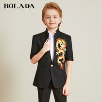 Boys  suit Short-sleeved shorts embroidered dragon suit Childrens suit dress host piano catwalk performance suit Summer