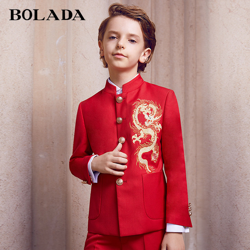 Boy's dress suit light luxury embroidery Dragon Chinese collar children's red suit Chinese style piano performance autumn