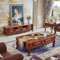 European solid wood high-end coffee table and TV cabinet combination American dark retro rectangular marble floor cabinet set