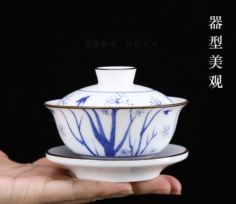 Blue and white pad printing white porcelain suet jade porcelain tea set the teapot paint home only three tureen kung fu tea set