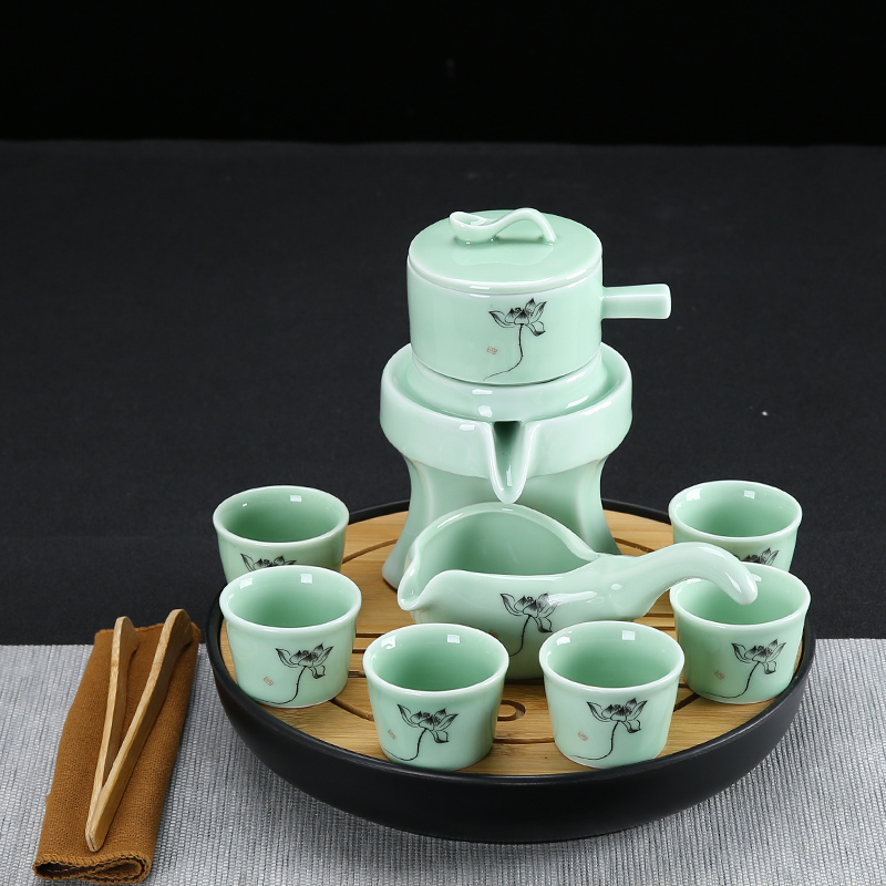 Celadon semi-automatic tea maker Lazy rotating Kung Fu tea set Household stone mill tea pot Tea cup Tea tray