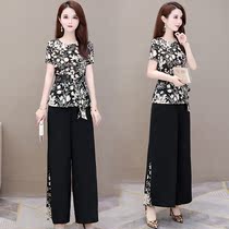 Fashion set female 2021 summer new slim temperament floral chiffon shirt wide leg pants mother two-piece set