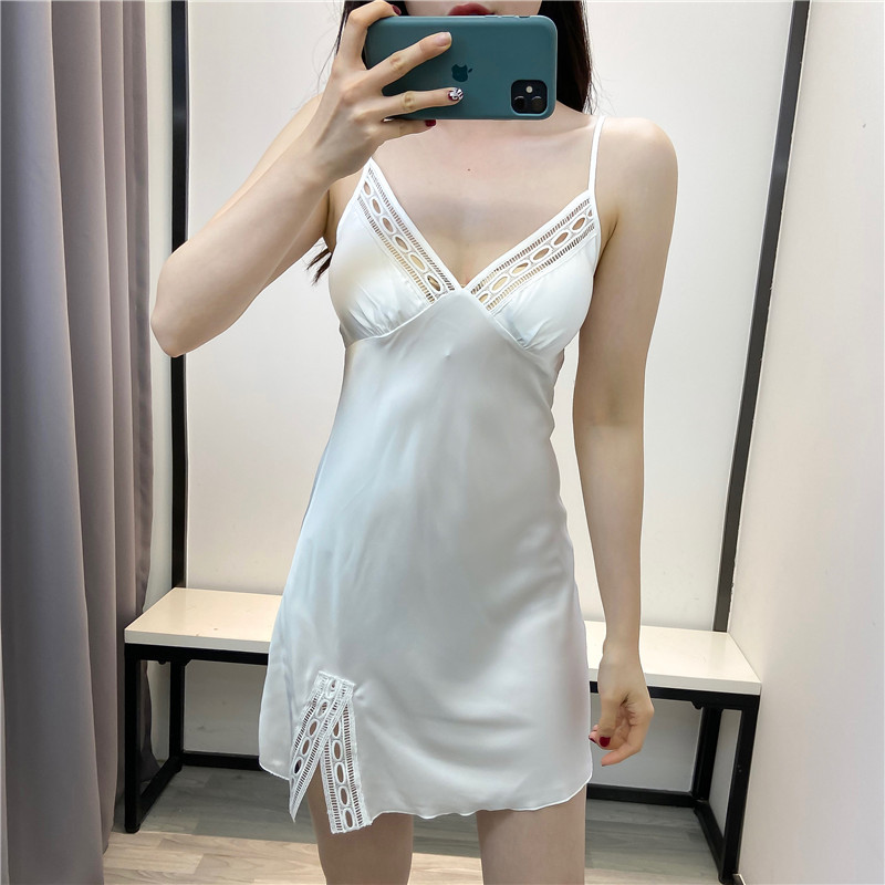 bộ đồ ngủ sexy với miếng đệm ngực womens cáp treo mùa hè sương trở về nhà chiếc váy sâu V cực kỳ nhanh chóng quyến rũ ren bộ đồ ngủ mỏng mùa xuân và mùa thu.